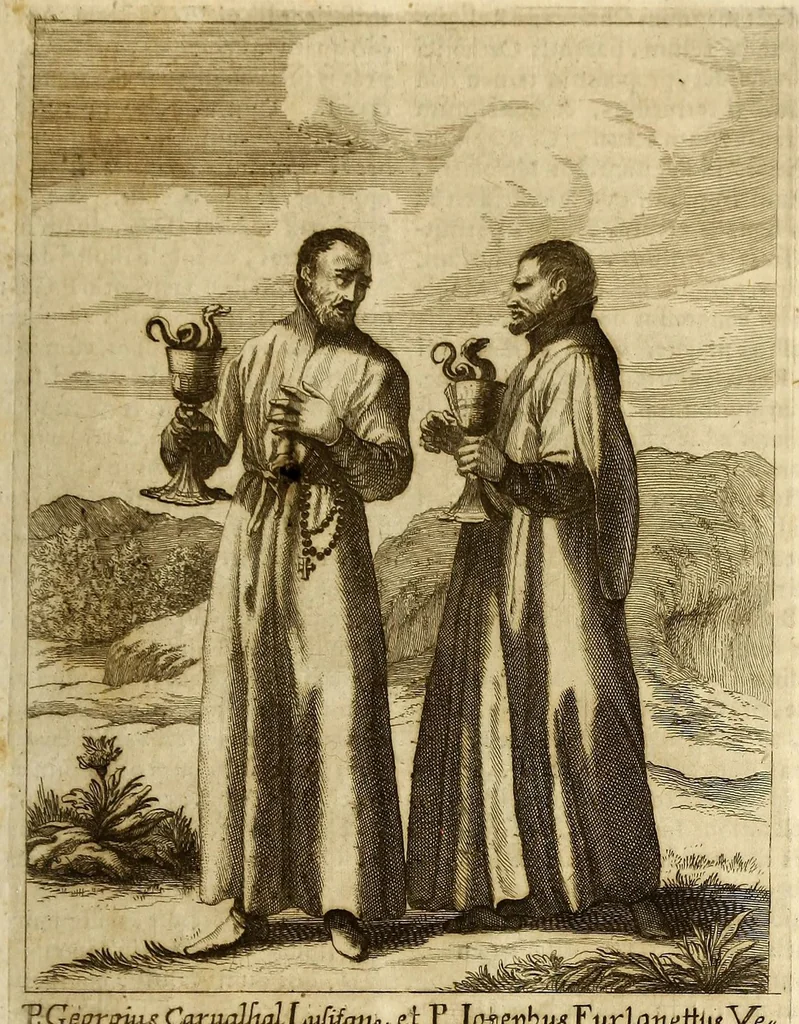 An illustration from Societas Jesu usque ad sanguinis et vitae profusionem militans, in Europa, Africa, Asia, et America, contra gentiles, Mahometanos, Judaeos, Haereticos, impios, pro Deo, fide, ecclesia, pietate. : Sive Vita, et mors eorum, qui ex Societate Jesu in causa fidei, & virtutis propugnatae, violentâ morte toto orbe sublati sunt., 1675, leaf 279