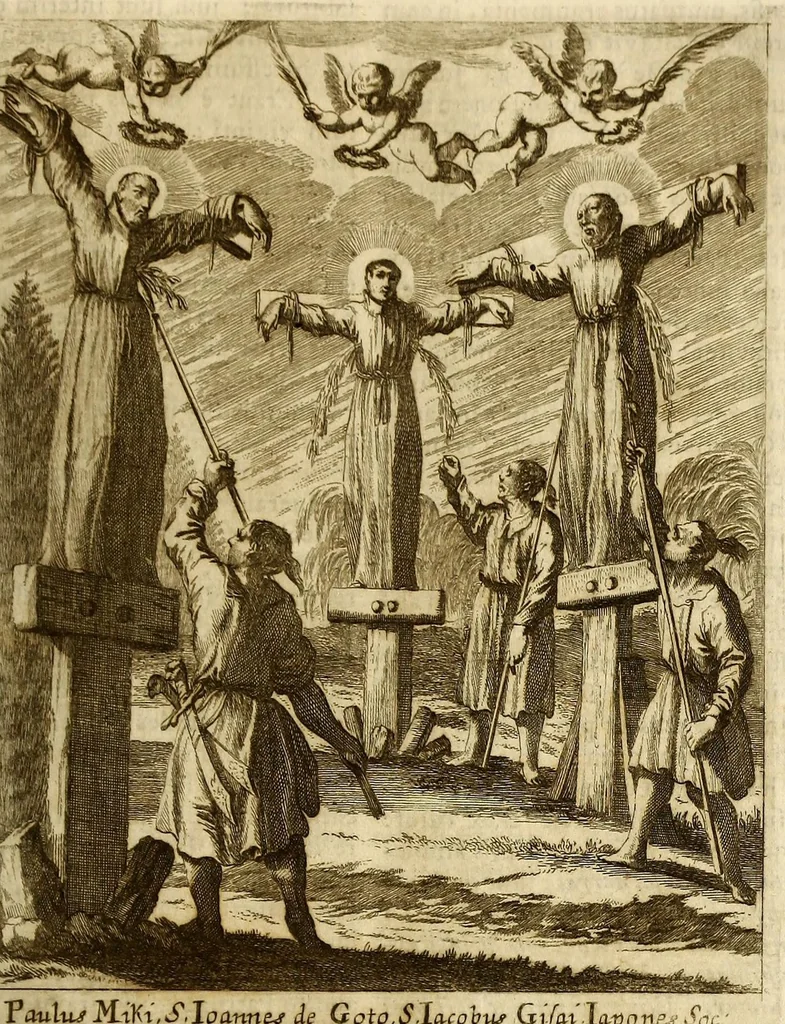 An illustration from Societas Jesu usque ad sanguinis et vitae profusionem militans, in Europa, Africa, Asia, et America, contra gentiles, Mahometanos, Judaeos, Haereticos, impios, pro Deo, fide, ecclesia, pietate. : Sive Vita, et mors eorum, qui ex Societate Jesu in causa fidei, & virtutis propugnatae, violentâ morte toto orbe sublati sunt., 1675, leaf 283