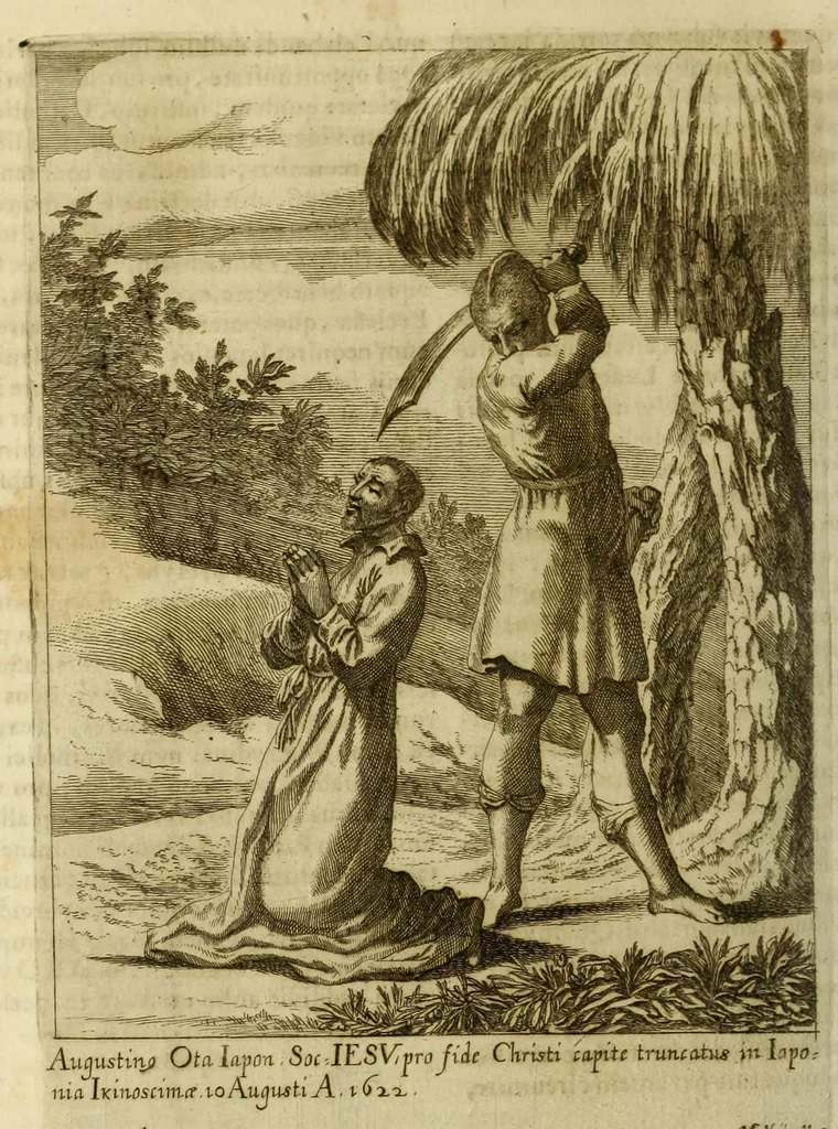 An illustration from Societas Jesu usque ad sanguinis et vitae profusionem militans, in Europa, Africa, Asia, et America, contra gentiles, Mahometanos, Judaeos, Haereticos, impios, pro Deo, fide, ecclesia, pietate. : Sive Vita, et mors eorum, qui ex Societate Jesu in causa fidei, & virtutis propugnatae, violentâ morte toto orbe sublati sunt., 1675, leaf 312