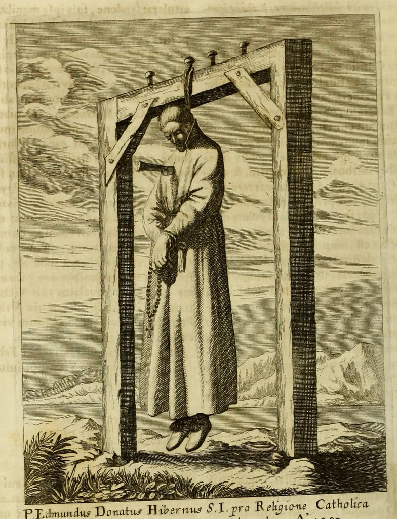 An illustration from Societas Jesu usque ad sanguinis et vitae profusionem militans, in Europa, Africa, Asia, et America, contra gentiles, Mahometanos, Judaeos, Haereticos, impios, pro Deo, fide, ecclesia, pietate. : Sive Vita, et mors eorum, qui ex Societate Jesu in causa fidei, & virtutis propugnatae, violentâ morte toto orbe sublati sunt., 1675, leaf 32