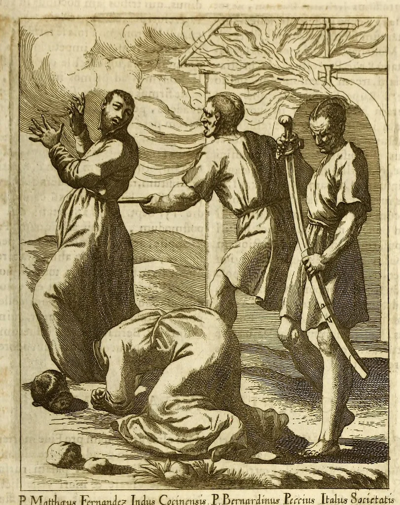 An illustration from Societas Jesu usque ad sanguinis et vitae profusionem militans, in Europa, Africa, Asia, et America, contra gentiles, Mahometanos, Judaeos, Haereticos, impios, pro Deo, fide, ecclesia, pietate. : Sive Vita, et mors eorum, qui ex Societate Jesu in causa fidei, & virtutis propugnatae, violentâ morte toto orbe sublati sunt., 1675, leaf 355