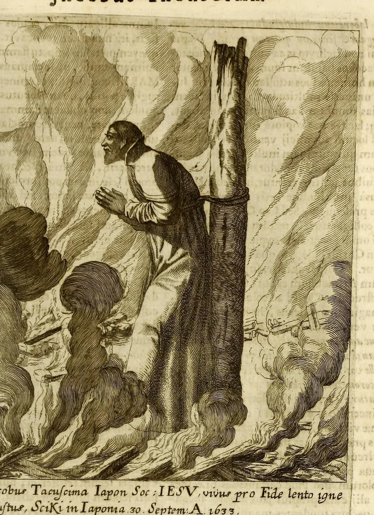 An illustration from Societas Jesu usque ad sanguinis et vitae profusionem militans, in Europa, Africa, Asia, et America, contra gentiles, Mahometanos, Judaeos, Haereticos, impios, pro Deo, fide, ecclesia, pietate. : Sive Vita, et mors eorum, qui ex Societate Jesu in causa fidei, & virtutis propugnatae, violentâ morte toto orbe sublati sunt., 1675, leaf 383