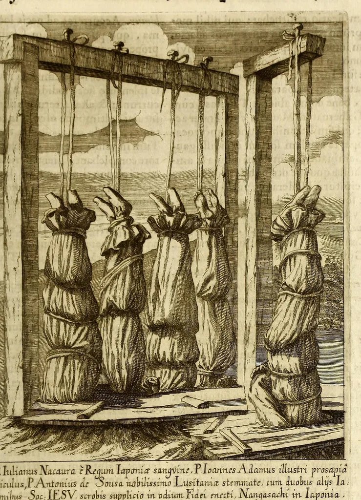 An illustration from Societas Jesu usque ad sanguinis et vitae profusionem militans, in Europa, Africa, Asia, et America, contra gentiles, Mahometanos, Judaeos, Haereticos, impios, pro Deo, fide, ecclesia, pietate. : Sive Vita, et mors eorum, qui ex Societate Jesu in causa fidei, & virtutis propugnatae, violentâ morte toto orbe sublati sunt., 1675, leaf 389