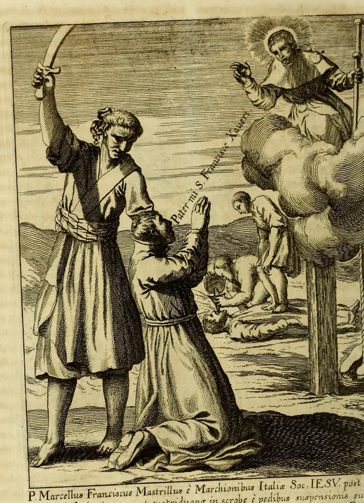 An illustration from Societas Jesu usque ad sanguinis et vitae profusionem militans, in Europa, Africa, Asia, et America, contra gentiles, Mahometanos, Judaeos, Haereticos, impios, pro Deo, fide, ecclesia, pietate. : Sive Vita, et mors eorum, qui ex Societate Jesu in causa fidei, & virtutis propugnatae, violentâ morte toto orbe sublati sunt., 1675, leaf 410