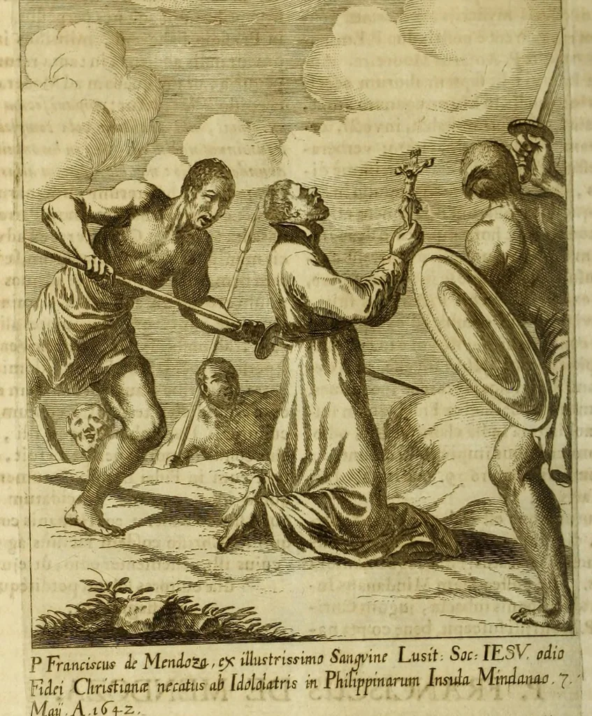An illustration from Societas Jesu usque ad sanguinis et vitae profusionem militans, in Europa, Africa, Asia, et America, contra gentiles, Mahometanos, Judaeos, Haereticos, impios, pro Deo, fide, ecclesia, pietate. : Sive Vita, et mors eorum, qui ex Societate Jesu in causa fidei, & virtutis propugnatae, violentâ morte toto orbe sublati sunt., 1675, leaf 432