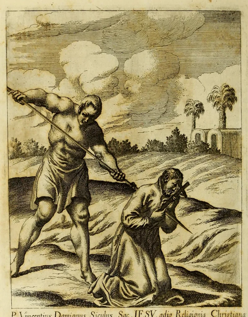 An illustration from Societas Jesu usque ad sanguinis et vitae profusionem militans, in Europa, Africa, Asia, et America, contra gentiles, Mahometanos, Judaeos, Haereticos, impios, pro Deo, fide, ecclesia, pietate. : Sive Vita, et mors eorum, qui ex Societate Jesu in causa fidei, & virtutis propugnatae, violentâ morte toto orbe sublati sunt., 1675, leaf 450