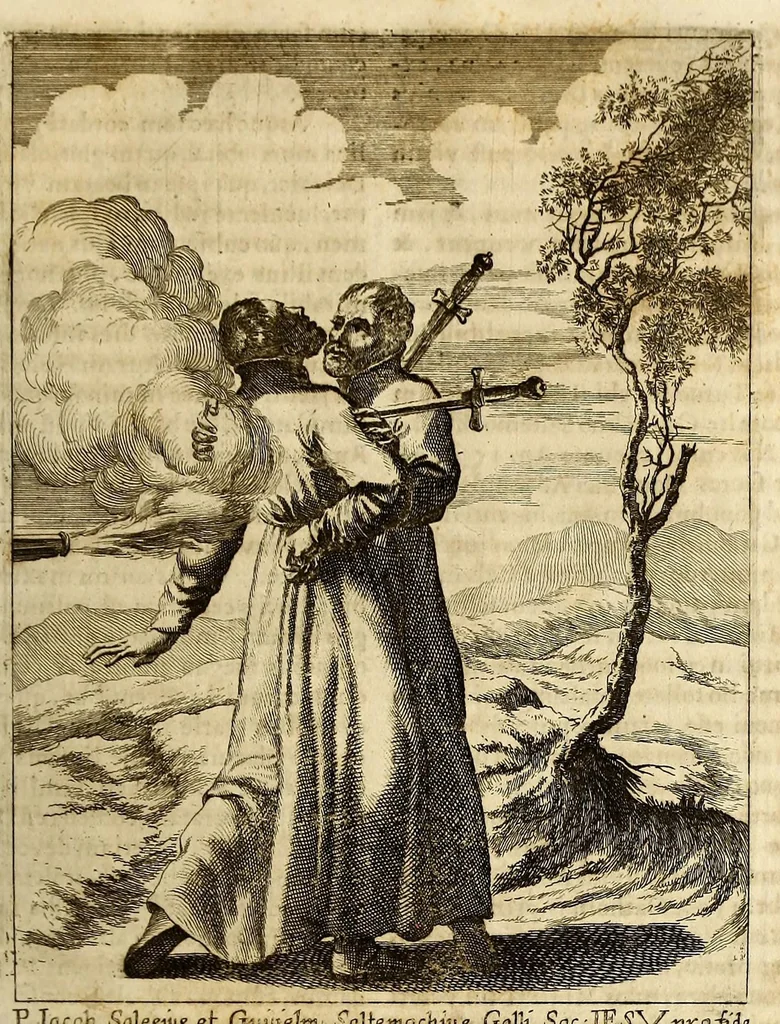 An illustration from Societas Jesu usque ad sanguinis et vitae profusionem militans, in Europa, Africa, Asia, et America, contra gentiles, Mahometanos, Judaeos, Haereticos, impios, pro Deo, fide, ecclesia, pietate. : Sive Vita, et mors eorum, qui ex Societate Jesu in causa fidei, & virtutis propugnatae, violentâ morte toto orbe sublati sunt., 1675, leaf 47