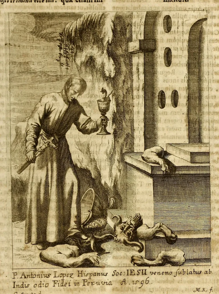 An illustration from Societas Jesu usque ad sanguinis et vitae profusionem militans, in Europa, Africa, Asia, et America, contra gentiles, Mahometanos, Judaeos, Haereticos, impios, pro Deo, fide, ecclesia, pietate. : Sive Vita, et mors eorum, qui ex Societate Jesu in causa fidei, & virtutis propugnatae, violentâ morte toto orbe sublati sunt., 1675, leaf 479