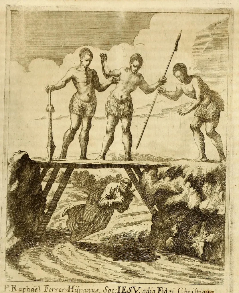 An illustration from Societas Jesu usque ad sanguinis et vitae profusionem militans, in Europa, Africa, Asia, et America, contra gentiles, Mahometanos, Judaeos, Haereticos, impios, pro Deo, fide, ecclesia, pietate. : Sive Vita, et mors eorum, qui ex Societate Jesu in causa fidei, & virtutis propugnatae, violentâ morte toto orbe sublati sunt., 1675, leaf 487
