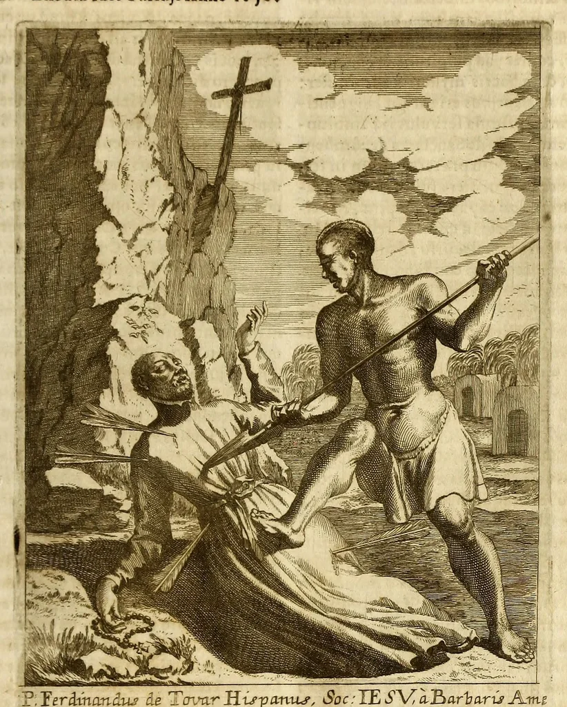An illustration from Societas Jesu usque ad sanguinis et vitae profusionem militans, in Europa, Africa, Asia, et America, contra gentiles, Mahometanos, Judaeos, Haereticos, impios, pro Deo, fide, ecclesia, pietate. : Sive Vita, et mors eorum, qui ex Societate Jesu in causa fidei, & virtutis propugnatae, violentâ morte toto orbe sublati sunt., 1675, leaf 491