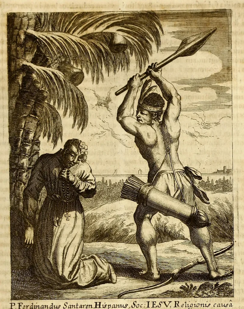 An illustration from Societas Jesu usque ad sanguinis et vitae profusionem militans, in Europa, Africa, Asia, et America, contra gentiles, Mahometanos, Judaeos, Haereticos, impios, pro Deo, fide, ecclesia, pietate. : Sive Vita, et mors eorum, qui ex Societate Jesu in causa fidei, & virtutis propugnatae, violentâ morte toto orbe sublati sunt., 1675, leaf 501