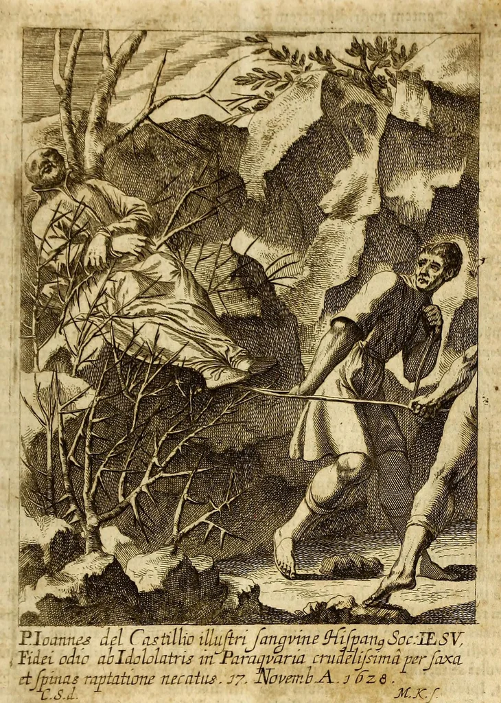 An illustration from Societas Jesu usque ad sanguinis et vitae profusionem militans, in Europa, Africa, Asia, et America, contra gentiles, Mahometanos, Judaeos, Haereticos, impios, pro Deo, fide, ecclesia, pietate. : Sive Vita, et mors eorum, qui ex Societate Jesu in causa fidei, & virtutis propugnatae, violentâ morte toto orbe sublati sunt., 1675, leaf 509