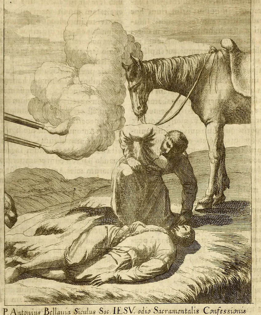 An illustration from Societas Jesu usque ad sanguinis et vitae profusionem militans, in Europa, Africa, Asia, et America, contra gentiles, Mahometanos, Judaeos, Haereticos, impios, pro Deo, fide, ecclesia, pietate. : Sive Vita, et mors eorum, qui ex Societate Jesu in causa fidei, & virtutis propugnatae, violentâ morte toto orbe sublati sunt., 1675, leaf 517
