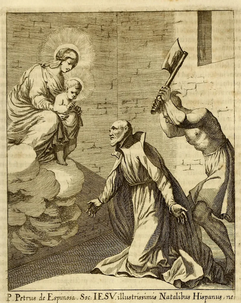 An illustration from Societas Jesu usque ad sanguinis et vitae profusionem militans, in Europa, Africa, Asia, et America, contra gentiles, Mahometanos, Judaeos, Haereticos, impios, pro Deo, fide, ecclesia, pietate. : Sive Vita, et mors eorum, qui ex Societate Jesu in causa fidei, & virtutis propugnatae, violentâ morte toto orbe sublati sunt., 1675, leaf 523