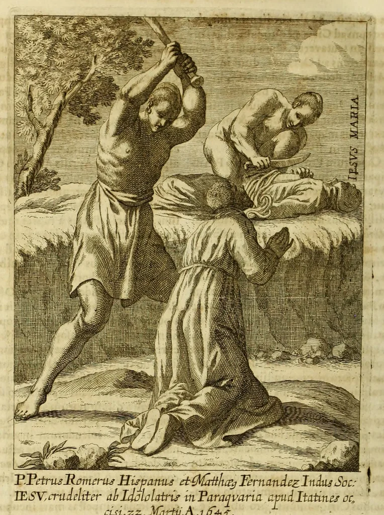 An illustration from Societas Jesu usque ad sanguinis et vitae profusionem militans, in Europa, Africa, Asia, et America, contra gentiles, Mahometanos, Judaeos, Haereticos, impios, pro Deo, fide, ecclesia, pietate. : Sive Vita, et mors eorum, qui ex Societate Jesu in causa fidei, & virtutis propugnatae, violentâ morte toto orbe sublati sunt., 1675, leaf 532