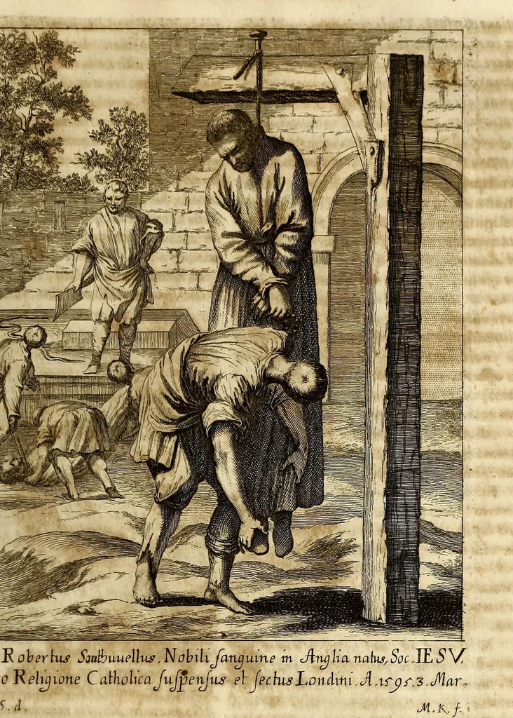 An illustration from Societas Jesu usque ad sanguinis et vitae profusionem militans, in Europa, Africa, Asia, et America, contra gentiles, Mahometanos, Judaeos, Haereticos, impios, pro Deo, fide, ecclesia, pietate. : Sive Vita, et mors eorum, qui ex Societate Jesu in causa fidei, & virtutis propugnatae, violentâ morte toto orbe sublati sunt., 1675, leaf 55