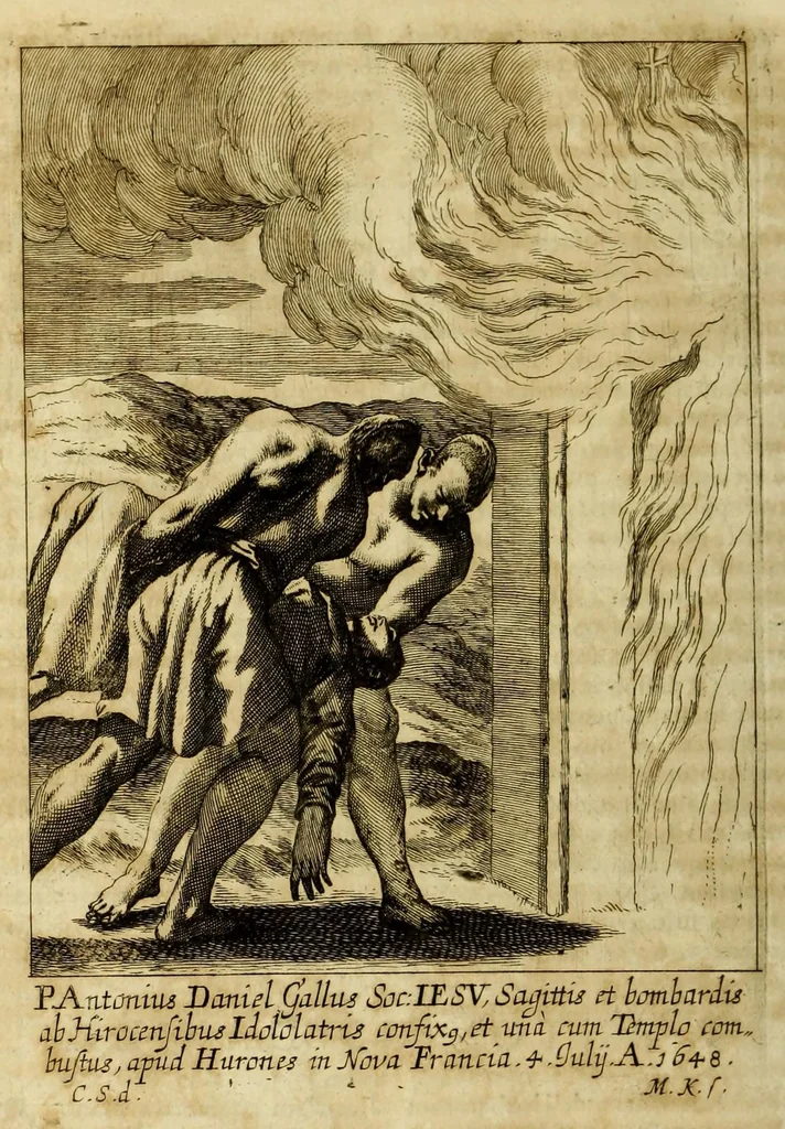 An illustration from Societas Jesu usque ad sanguinis et vitae profusionem militans, in Europa, Africa, Asia, et America, contra gentiles, Mahometanos, Judaeos, Haereticos, impios, pro Deo, fide, ecclesia, pietate. : Sive Vita, et mors eorum, qui ex Societate Jesu in causa fidei, & virtutis propugnatae, violentâ morte toto orbe sublati sunt., 1675, leaf 556