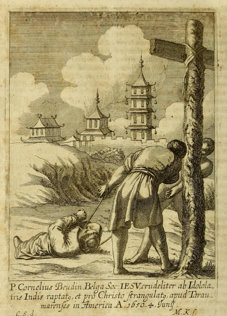 An illustration from Societas Jesu usque ad sanguinis et vitae profusionem militans, in Europa, Africa, Asia, et America, contra gentiles, Mahometanos, Judaeos, Haereticos, impios, pro Deo, fide, ecclesia, pietate. : Sive Vita, et mors eorum, qui ex Societate Jesu in causa fidei, & virtutis propugnatae, violentâ morte toto orbe sublati sunt., 1675, leaf 568
