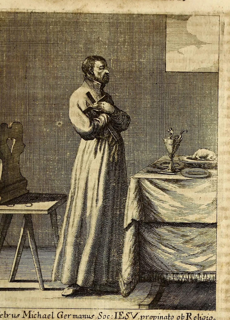 An illustration from Societas Jesu usque ad sanguinis et vitae profusionem militans, in Europa, Africa, Asia, et America, contra gentiles, Mahometanos, Judaeos, Haereticos, impios, pro Deo, fide, ecclesia, pietate. : Sive Vita, et mors eorum, qui ex Societate Jesu in causa fidei, & virtutis propugnatae, violentâ morte toto orbe sublati sunt., 1675, leaf 65