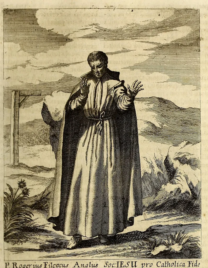 An illustration from Societas Jesu usque ad sanguinis et vitae profusionem militans, in Europa, Africa, Asia, et America, contra gentiles, Mahometanos, Judaeos, Haereticos, impios, pro Deo, fide, ecclesia, pietate. : Sive Vita, et mors eorum, qui ex Societate Jesu in causa fidei, & virtutis propugnatae, violentâ morte toto orbe sublati sunt., 1675, leaf 75