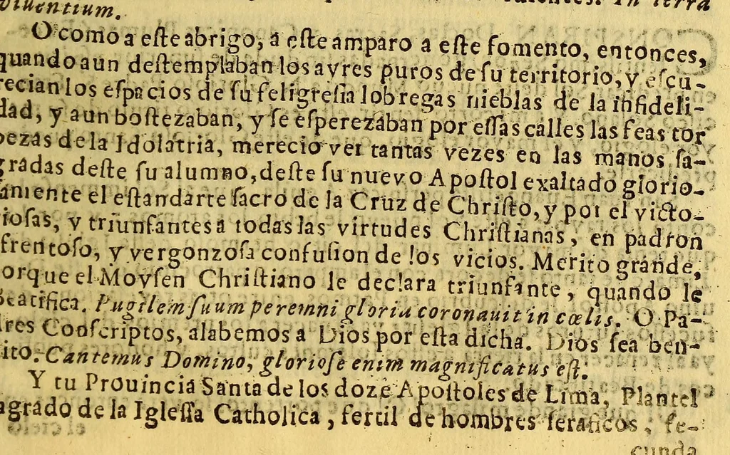 An illustration from Solemnidad festiua, aplausos publicos, aclamaciones ostentosas, que hizo esta nobilissima Ciudad de los Reyes Lima, a la publicacion del breue de la beatificacion del bien auenturado S. Francisco Solano : del Orden Seraphico de la regular obseruancia desta santa Prouincia de los Doze Apostoles del Peru. Dedicada al mismo santo. En cuya dedicatoria se recopilan las mas heoricas obras de su vida, y los mas singulares milagros, que por su intercession, y meritos obrò la diuina omnipotencia, mientras buelue a las prensas su vida. Escrita por el P. lector iubilado Fr. Gregorio Casasola limense, hijo de la misma prouincia. ; Dala a la estampa el padre procurador general de su beatificacion, y canonizacion en estas prouincias del Peru, para que remitida a todas las ciudades, y villas, que le tienen elegido, y votado por su patron, se haga notoria la celebracion de su beatificacion deseada., 1679, leaf 65