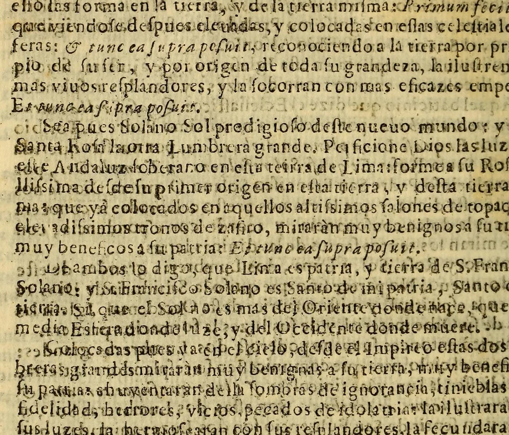 An illustration from Solemnidad festiua, aplausos publicos, aclamaciones ostentosas, que hizo esta nobilissima Ciudad de los Reyes Lima, a la publicacion del breue de la beatificacion del bien auenturado S. Francisco Solano : del Orden Seraphico de la regular obseruancia desta santa Prouincia de los Doze Apostoles del Peru. Dedicada al mismo santo. En cuya dedicatoria se recopilan las mas heoricas obras de su vida, y los mas singulares milagros, que por su intercession, y meritos obrò la diuina omnipotencia, mientras buelue a las prensas su vida. Escrita por el P. lector iubilado Fr. Gregorio Casasola limense, hijo de la misma prouincia. ; Dala a la estampa el padre procurador general de su beatificacion, y canonizacion en estas prouincias del Peru, para que remitida a todas las ciudades, y villas, que le tienen elegido, y votado por su patron, se haga notoria la celebracion de su beatificacion deseada., 1679, leaf 76