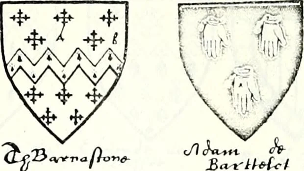An illustration from Some feudal coats of arms and others, illustrated with 2,000 zinco etchings from the Bayear tapestry, Greek vases, seals, tiles, effigies, brasses and heralcic rolls. Some chart pedigrees, 1902, leaf 100