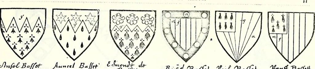 An illustration from Some feudal coats of arms and others, illustrated with 2,000 zinco etchings from the Bayear tapestry, Greek vases, seals, tiles, effigies, brasses and heralcic rolls. Some chart pedigrees, 1902, leaf 102