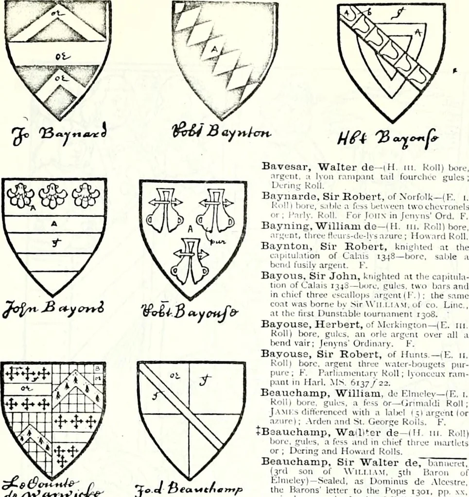 An illustration from Some feudal coats of arms and others, illustrated with 2,000 zinco etchings from the Bayear tapestry, Greek vases, seals, tiles, effigies, brasses and heralcic rolls. Some chart pedigrees, 1902, leaf 104