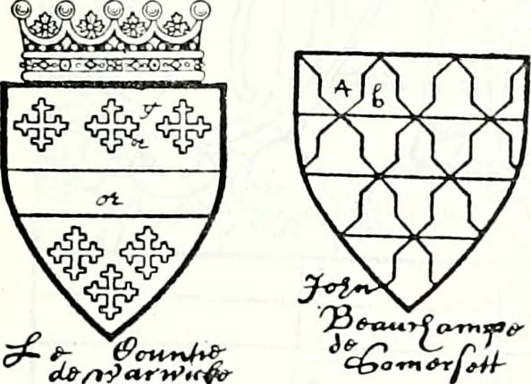 An illustration from Some feudal coats of arms and others, illustrated with 2,000 zinco etchings from the Bayear tapestry, Greek vases, seals, tiles, effigies, brasses and heralcic rolls. Some chart pedigrees, 1902, leaf 104