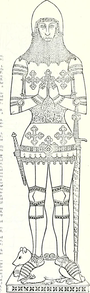An illustration from Some feudal coats of arms and others, illustrated with 2,000 zinco etchings from the Bayear tapestry, Greek vases, seals, tiles, effigies, brasses and heralcic rolls. Some chart pedigrees, 1902, leaf 104
