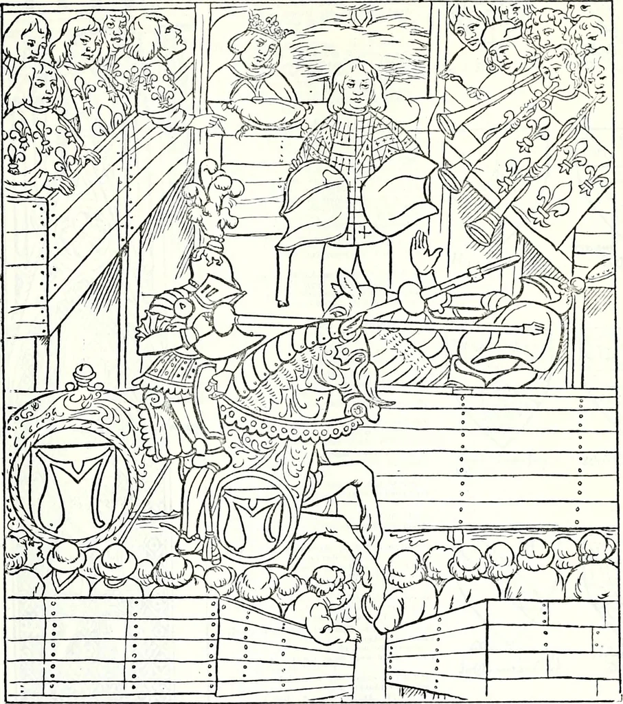 An illustration from Some feudal coats of arms and others, illustrated with 2,000 zinco etchings from the Bayear tapestry, Greek vases, seals, tiles, effigies, brasses and heralcic rolls. Some chart pedigrees, 1902, leaf 106