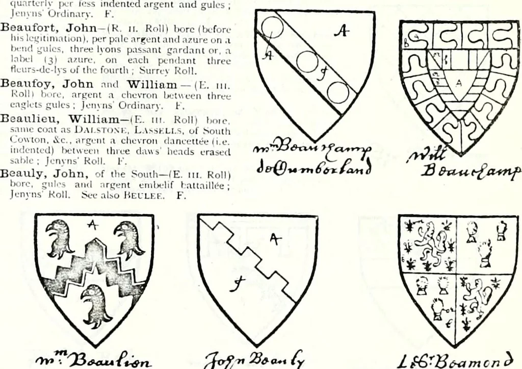 An illustration from Some feudal coats of arms and others, illustrated with 2,000 zinco etchings from the Bayear tapestry, Greek vases, seals, tiles, effigies, brasses and heralcic rolls. Some chart pedigrees, 1902, leaf 108