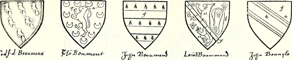 An illustration from Some feudal coats of arms and others, illustrated with 2,000 zinco etchings from the Bayear tapestry, Greek vases, seals, tiles, effigies, brasses and heralcic rolls. Some chart pedigrees, 1902, leaf 110
