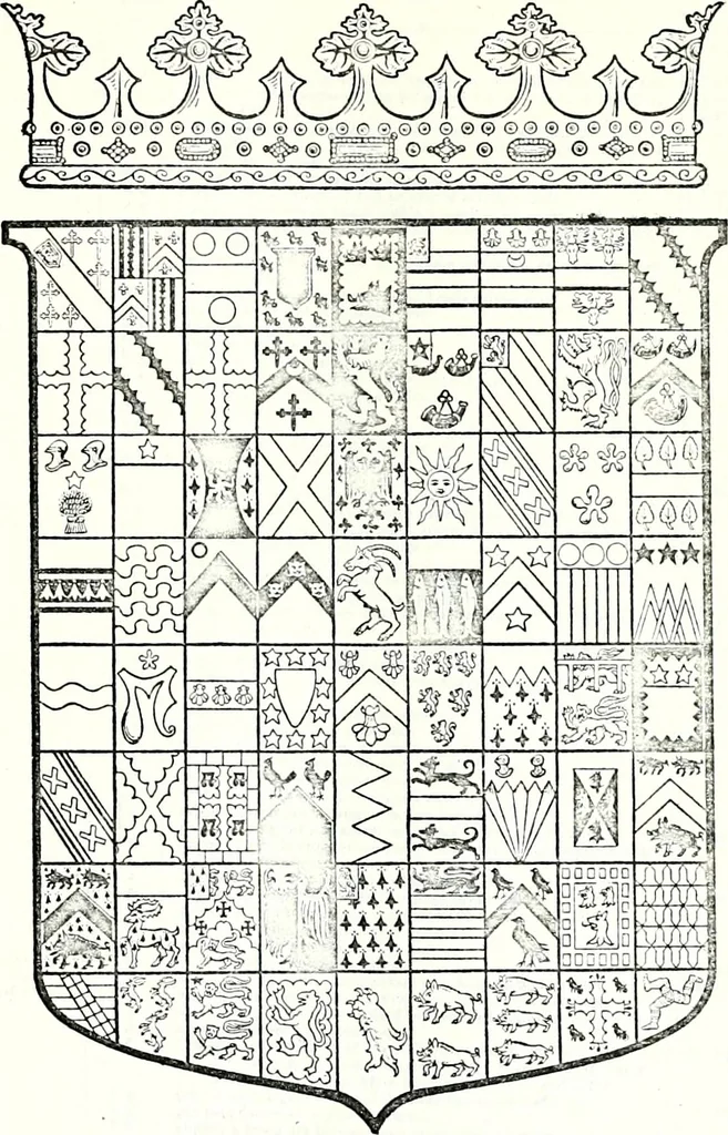 An illustration from Some feudal coats of arms and others, illustrated with 2,000 zinco etchings from the Bayear tapestry, Greek vases, seals, tiles, effigies, brasses and heralcic rolls. Some chart pedigrees, 1902, leaf 112