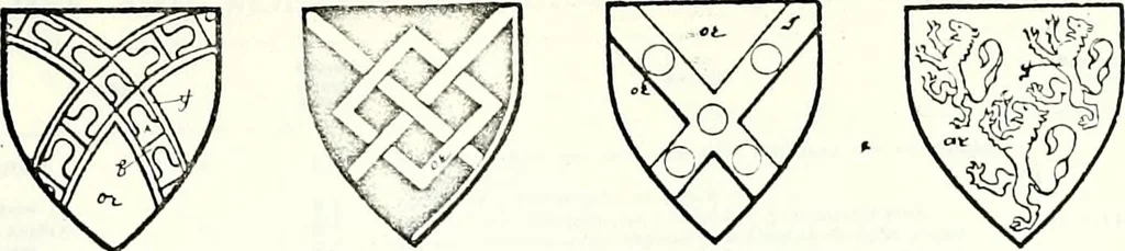 An illustration from Some feudal coats of arms and others, illustrated with 2,000 zinco etchings from the Bayear tapestry, Greek vases, seals, tiles, effigies, brasses and heralcic rolls. Some chart pedigrees, 1902, leaf 116