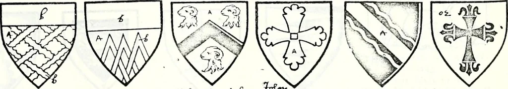 An illustration from Some feudal coats of arms and others, illustrated with 2,000 zinco etchings from the Bayear tapestry, Greek vases, seals, tiles, effigies, brasses and heralcic rolls. Some chart pedigrees, 1902, leaf 116