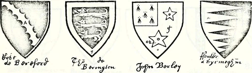 An illustration from Some feudal coats of arms and others, illustrated with 2,000 zinco etchings from the Bayear tapestry, Greek vases, seals, tiles, effigies, brasses and heralcic rolls. Some chart pedigrees, 1902, leaf 118
