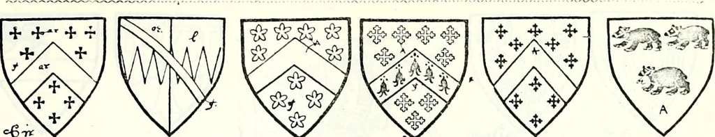 An illustration from Some feudal coats of arms and others, illustrated with 2,000 zinco etchings from the Bayear tapestry, Greek vases, seals, tiles, effigies, brasses and heralcic rolls. Some chart pedigrees, 1902, leaf 120