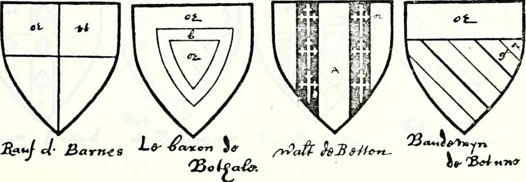 An illustration from Some feudal coats of arms and others, illustrated with 2,000 zinco etchings from the Bayear tapestry, Greek vases, seals, tiles, effigies, brasses and heralcic rolls. Some chart pedigrees, 1902, leaf 120