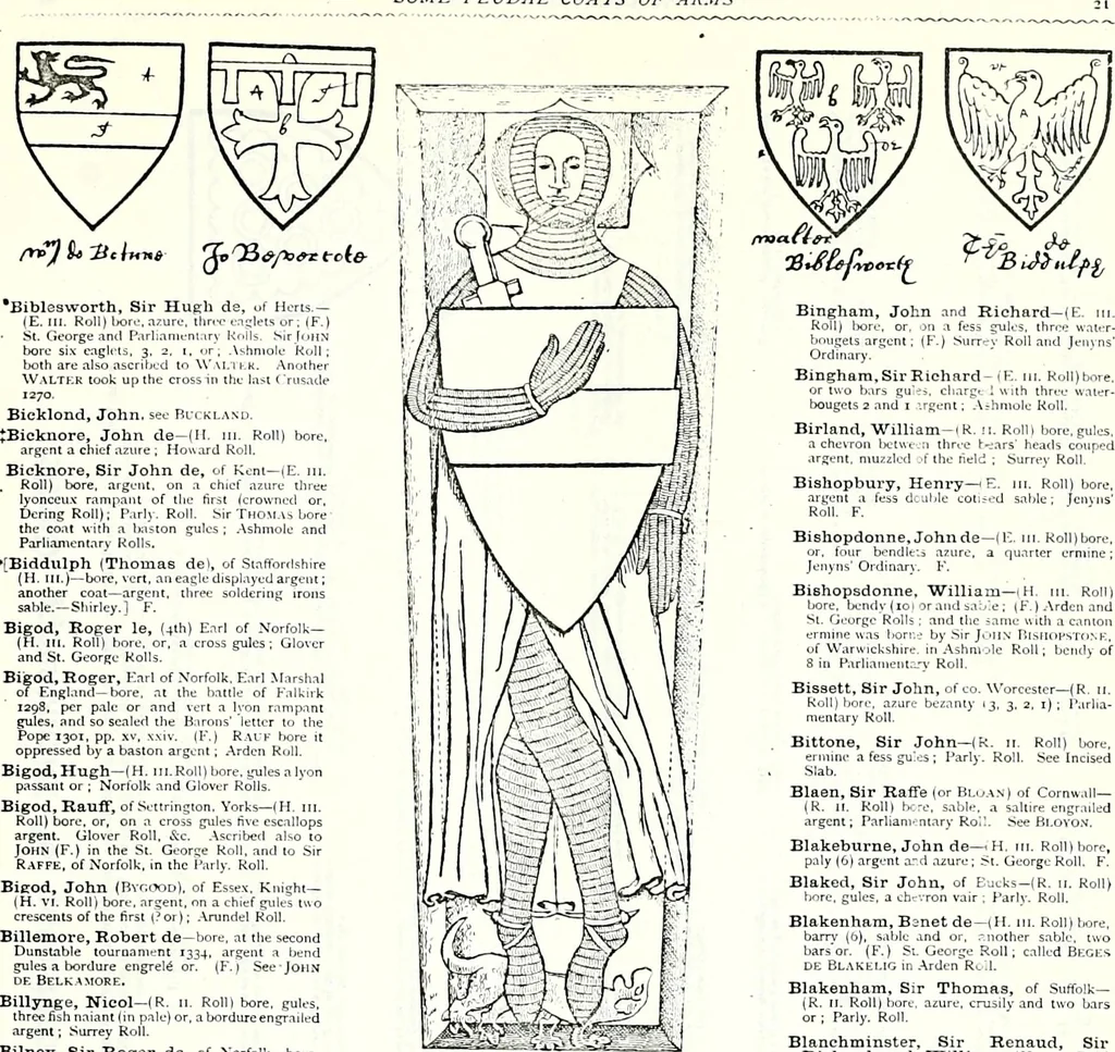 An illustration from Some feudal coats of arms and others, illustrated with 2,000 zinco etchings from the Bayear tapestry, Greek vases, seals, tiles, effigies, brasses and heralcic rolls. Some chart pedigrees, 1902, leaf 122