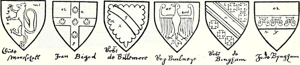 An illustration from Some feudal coats of arms and others, illustrated with 2,000 zinco etchings from the Bayear tapestry, Greek vases, seals, tiles, effigies, brasses and heralcic rolls. Some chart pedigrees, 1902, leaf 122