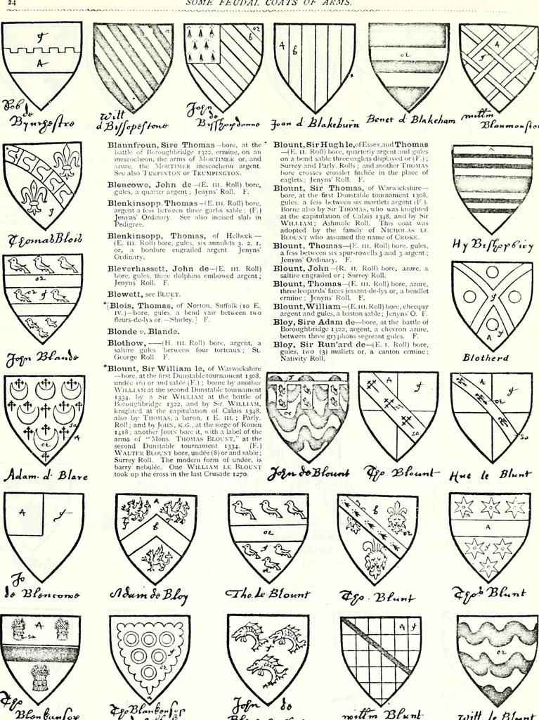 An illustration from Some feudal coats of arms and others, illustrated with 2,000 zinco etchings from the Bayear tapestry, Greek vases, seals, tiles, effigies, brasses and heralcic rolls. Some chart pedigrees, 1902, leaf 128