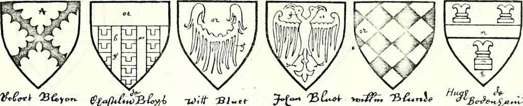 An illustration from Some feudal coats of arms and others, illustrated with 2,000 zinco etchings from the Bayear tapestry, Greek vases, seals, tiles, effigies, brasses and heralcic rolls. Some chart pedigrees, 1902, leaf 130