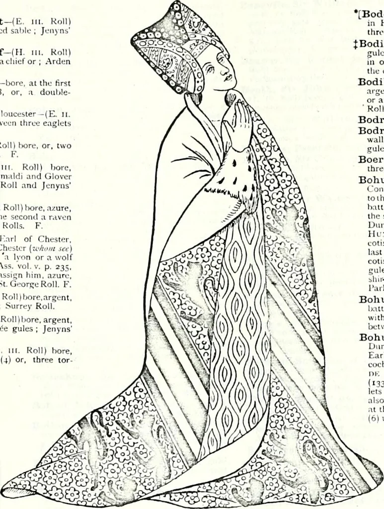 An illustration from Some feudal coats of arms and others, illustrated with 2,000 zinco etchings from the Bayear tapestry, Greek vases, seals, tiles, effigies, brasses and heralcic rolls. Some chart pedigrees, 1902, leaf 130