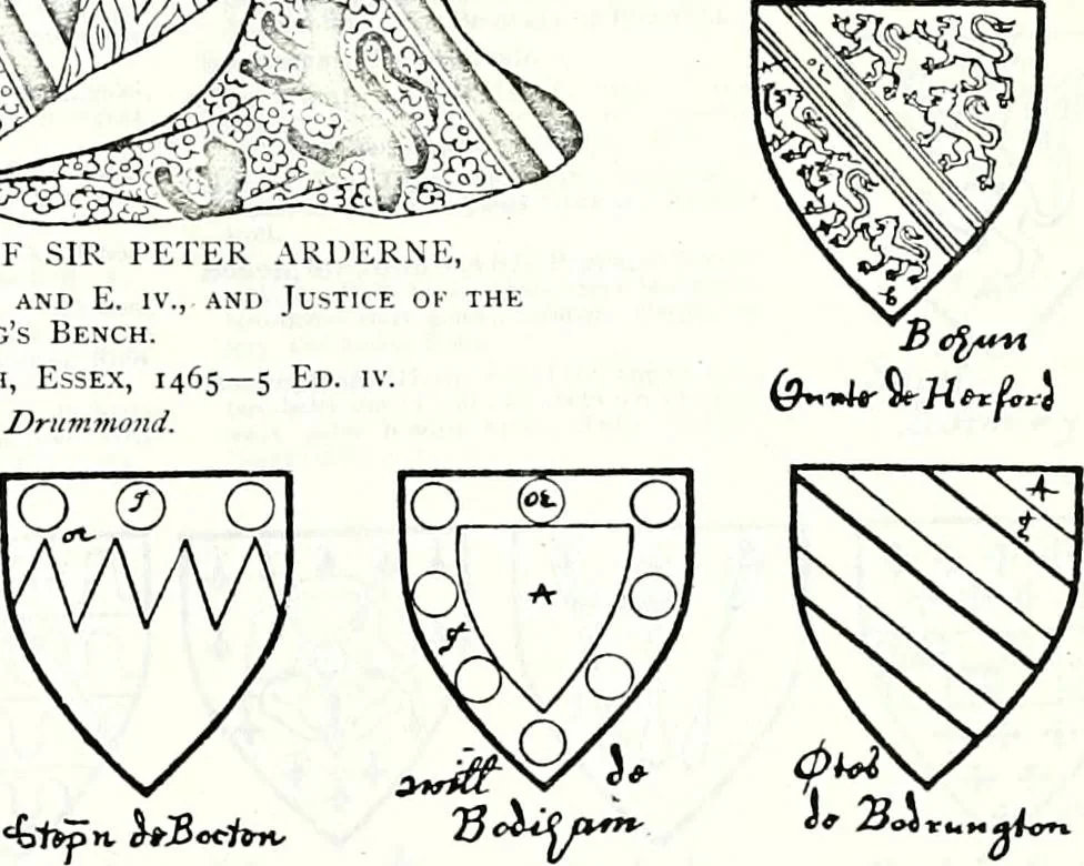 An illustration from Some feudal coats of arms and others, illustrated with 2,000 zinco etchings from the Bayear tapestry, Greek vases, seals, tiles, effigies, brasses and heralcic rolls. Some chart pedigrees, 1902, leaf 130