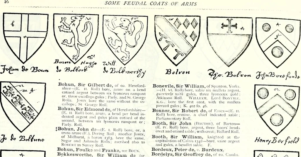 An illustration from Some feudal coats of arms and others, illustrated with 2,000 zinco etchings from the Bayear tapestry, Greek vases, seals, tiles, effigies, brasses and heralcic rolls. Some chart pedigrees, 1902, leaf 132