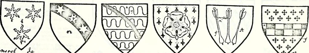 An illustration from Some feudal coats of arms and others, illustrated with 2,000 zinco etchings from the Bayear tapestry, Greek vases, seals, tiles, effigies, brasses and heralcic rolls. Some chart pedigrees, 1902, leaf 132