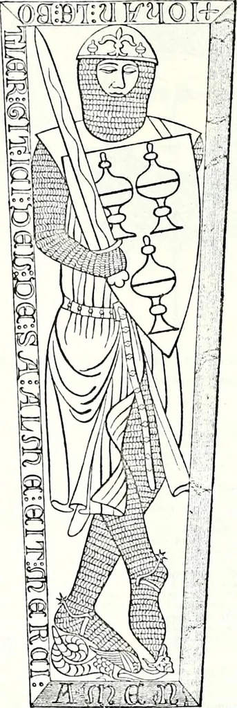 An illustration from Some feudal coats of arms and others, illustrated with 2,000 zinco etchings from the Bayear tapestry, Greek vases, seals, tiles, effigies, brasses and heralcic rolls. Some chart pedigrees, 1902, leaf 134