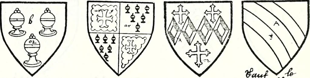 An illustration from Some feudal coats of arms and others, illustrated with 2,000 zinco etchings from the Bayear tapestry, Greek vases, seals, tiles, effigies, brasses and heralcic rolls. Some chart pedigrees, 1902, leaf 134
